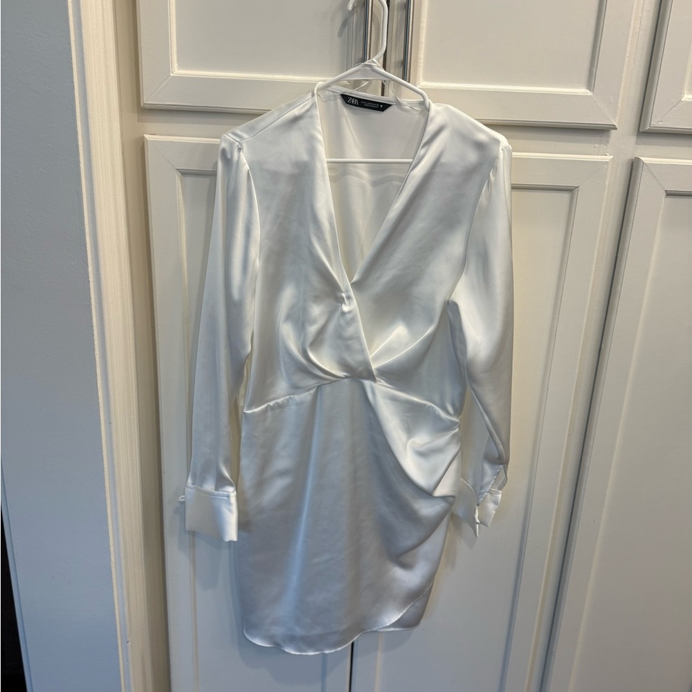 Zara White Satin V-Neck Dress
